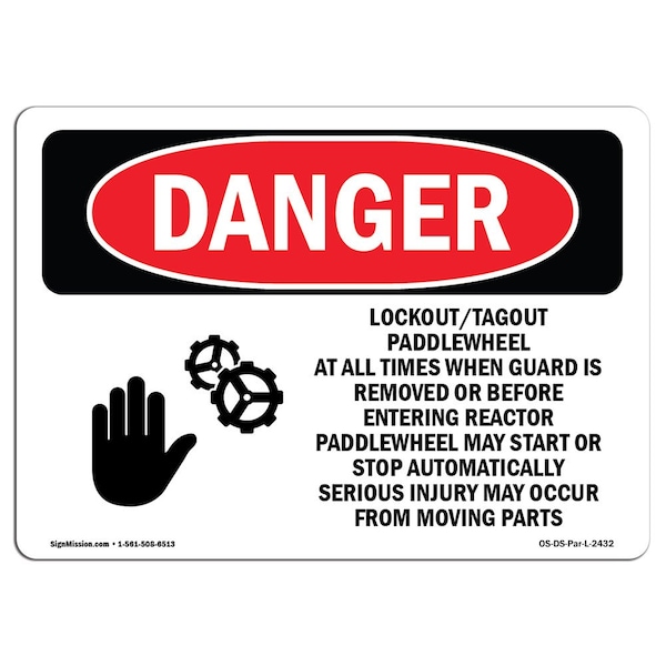 Safety Sign, OSHA Danger, 18" Height, Aluminum, Lockout Tagout Paddlewheel At, Landscape
